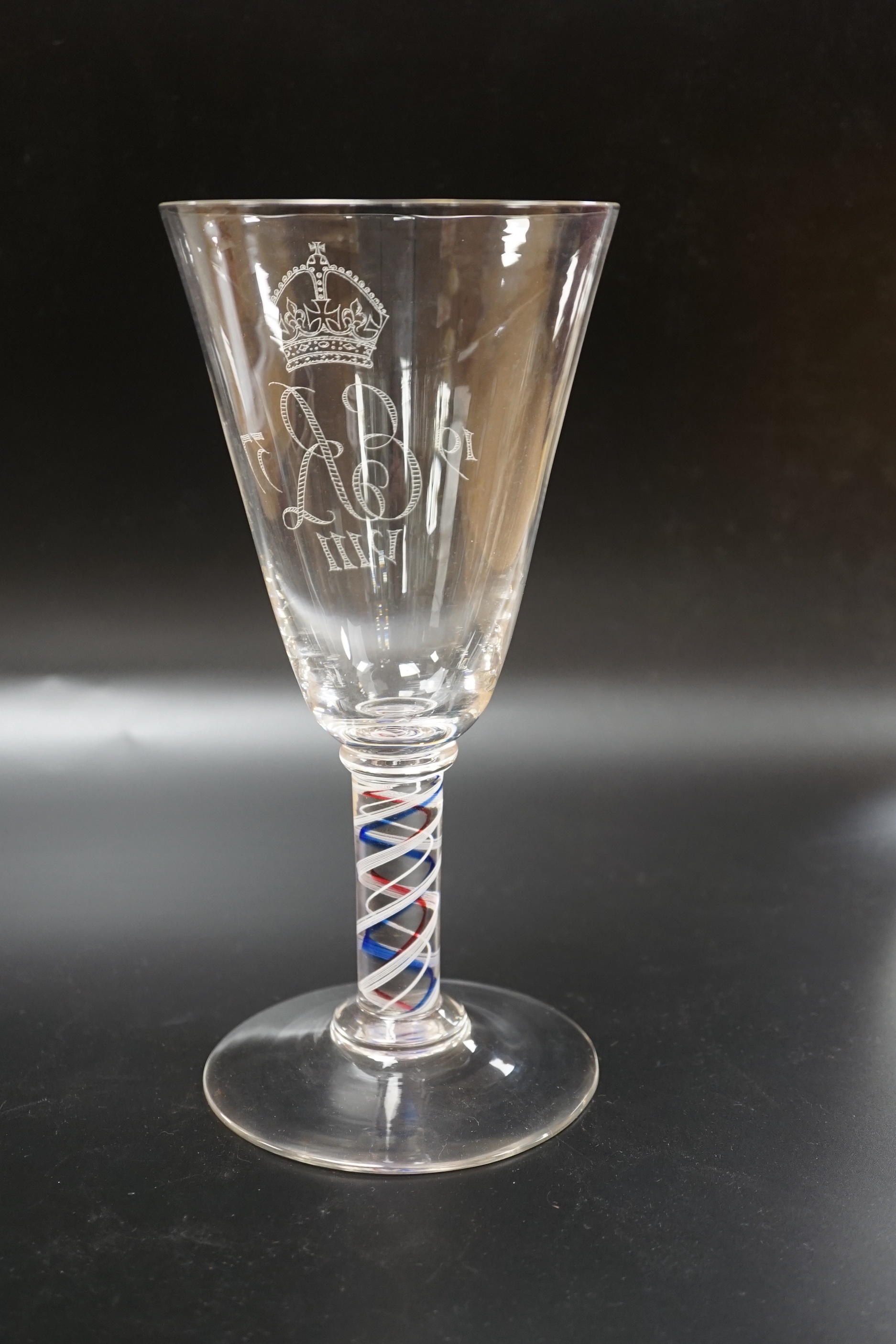 A large Edward VIII commemorative trumpet goblet with etched glass design and cypher dated 1937, stem with red, blue and white colour twist, 22.9cm high